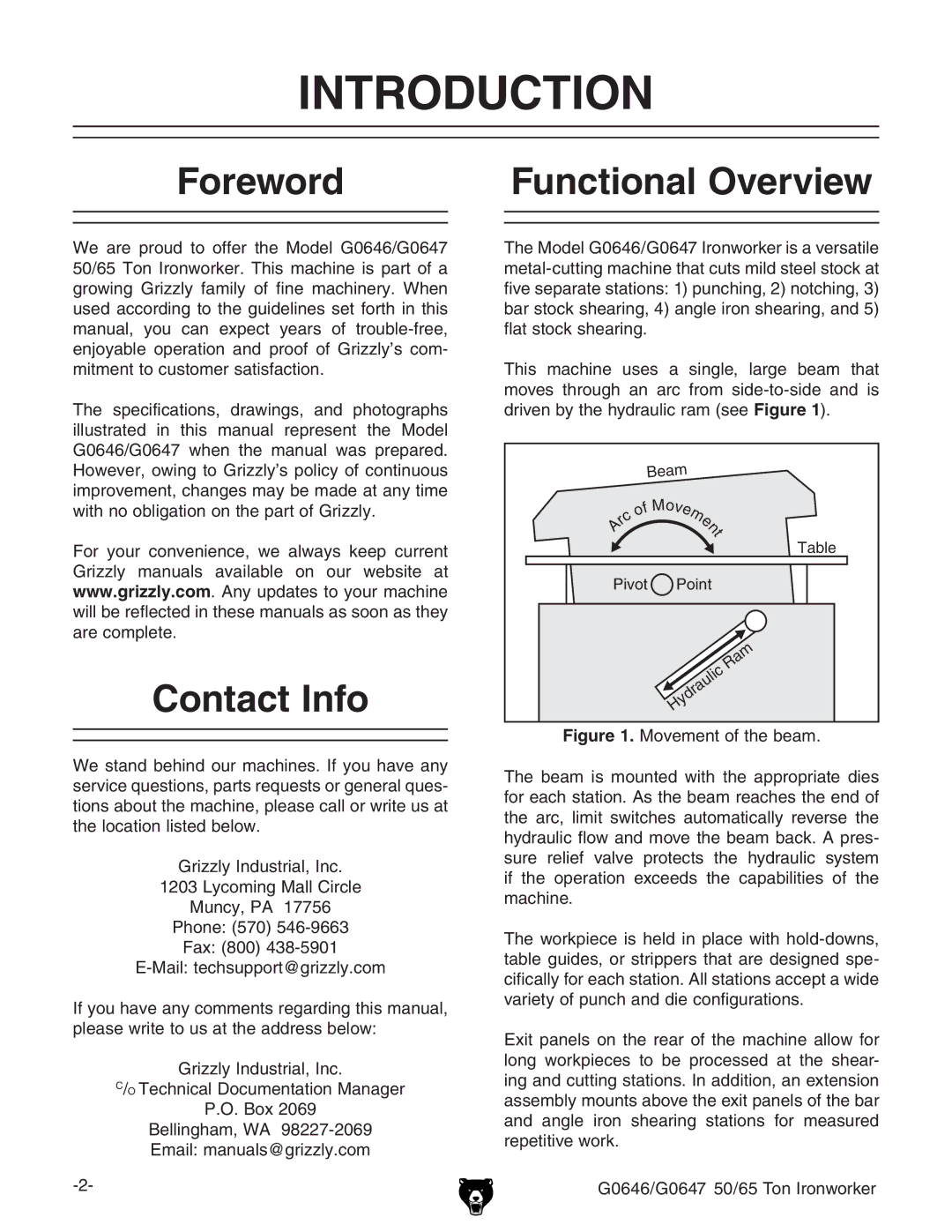 Grizzly G0647, G0646 owner manual Introduction, Foreword Functional Overview, Contact Info 