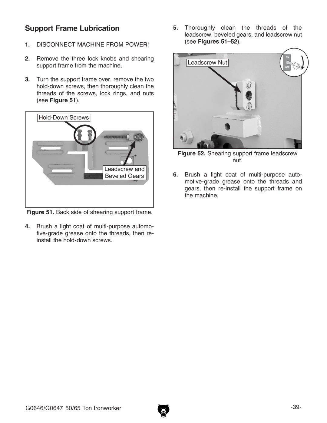 Grizzly G0646, G0647 owner manual Support Frame Lubrication 