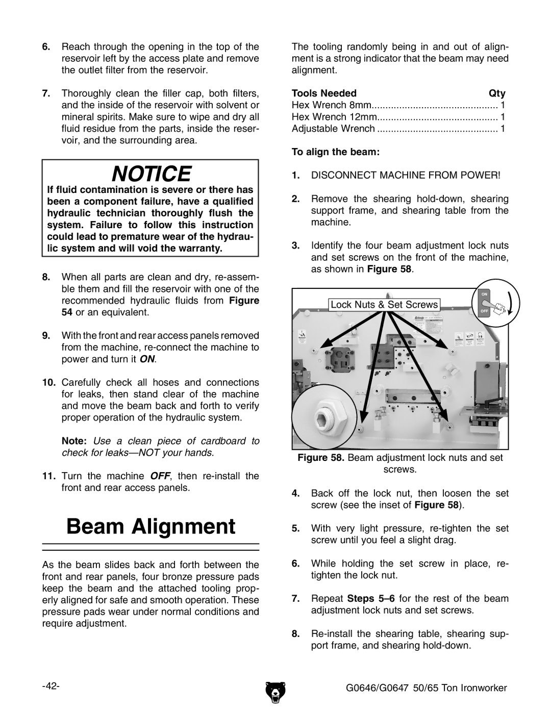 Grizzly G0647, G0646 owner manual Beam Alignment, To align the beam 