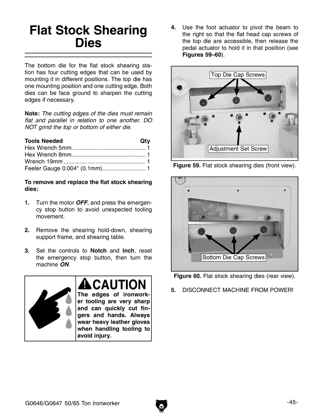 Grizzly G0646, G0647 owner manual Flat Stock Shearing Dies, To remove and replace the flat stock shearing dies 