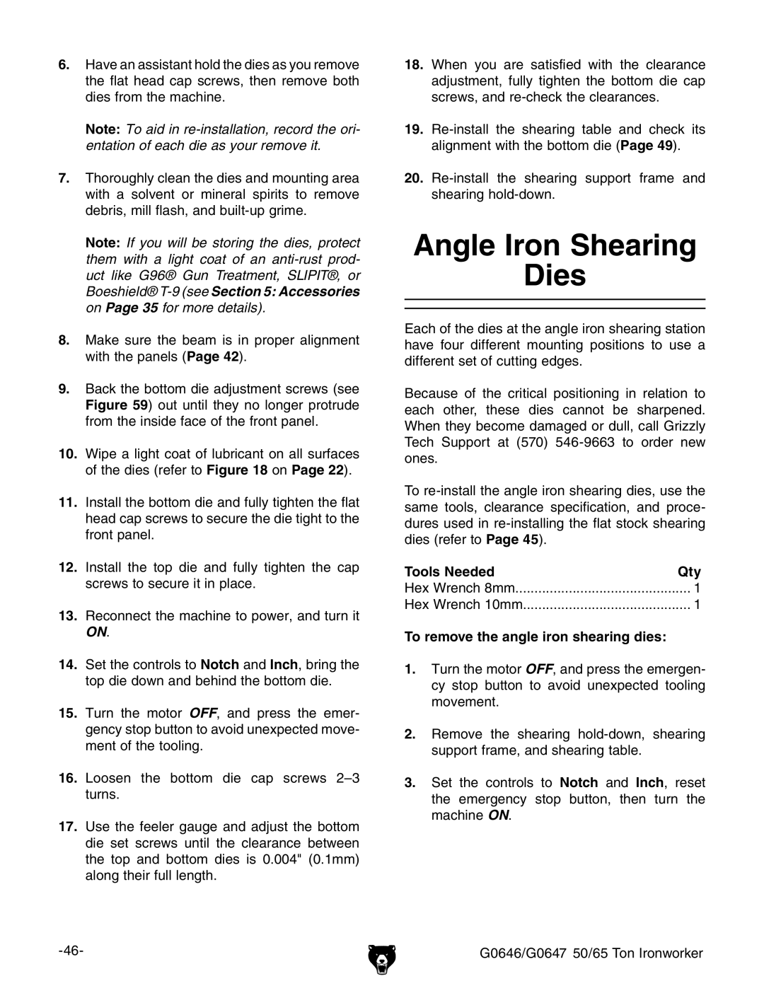 Grizzly G0647, G0646 owner manual Angle Iron Shearing Dies, To remove the angle iron shearing dies 