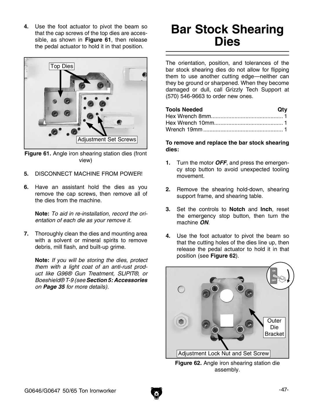 Grizzly G0646, G0647 owner manual Bar Stock Shearing Dies, To remove and replace the bar stock shearing dies 