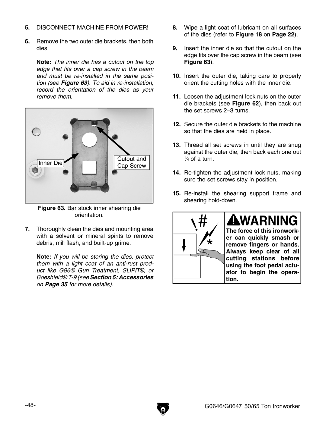 Grizzly G0647, G0646 owner manual Disconnect Machine from Power 