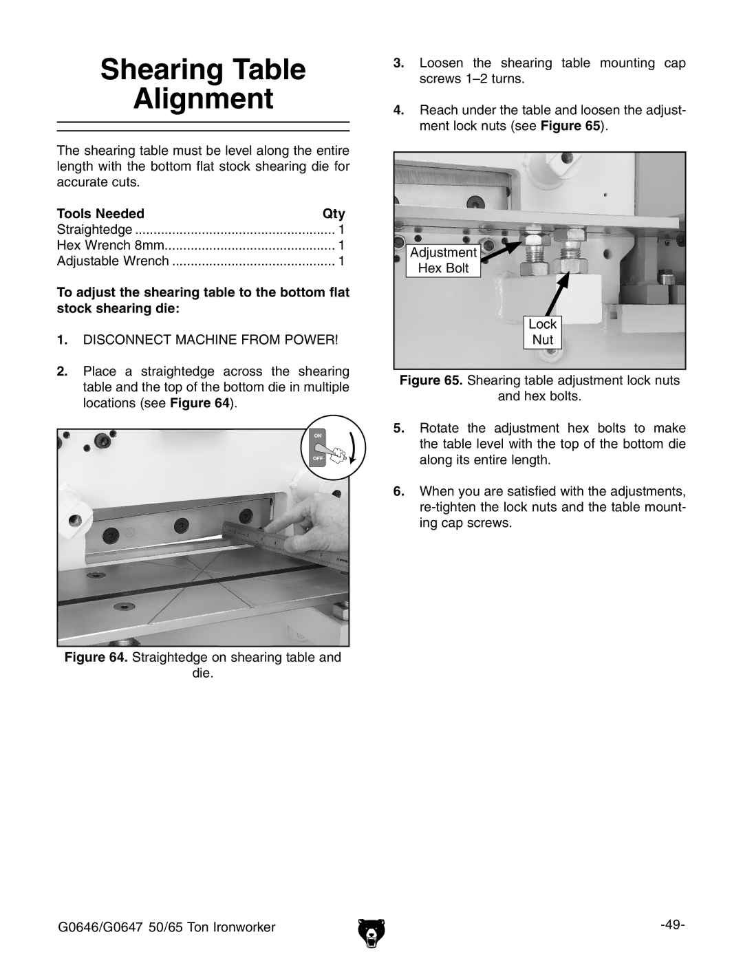 Grizzly G0646, G0647 owner manual Shearing Table Alignment 