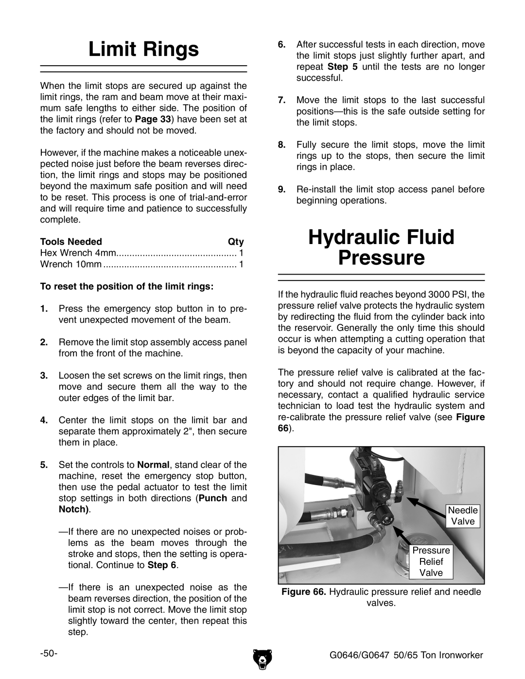 Grizzly G0647, G0646 owner manual Limit Rings, Hydraulic Fluid Pressure, To reset the position of the limit rings 