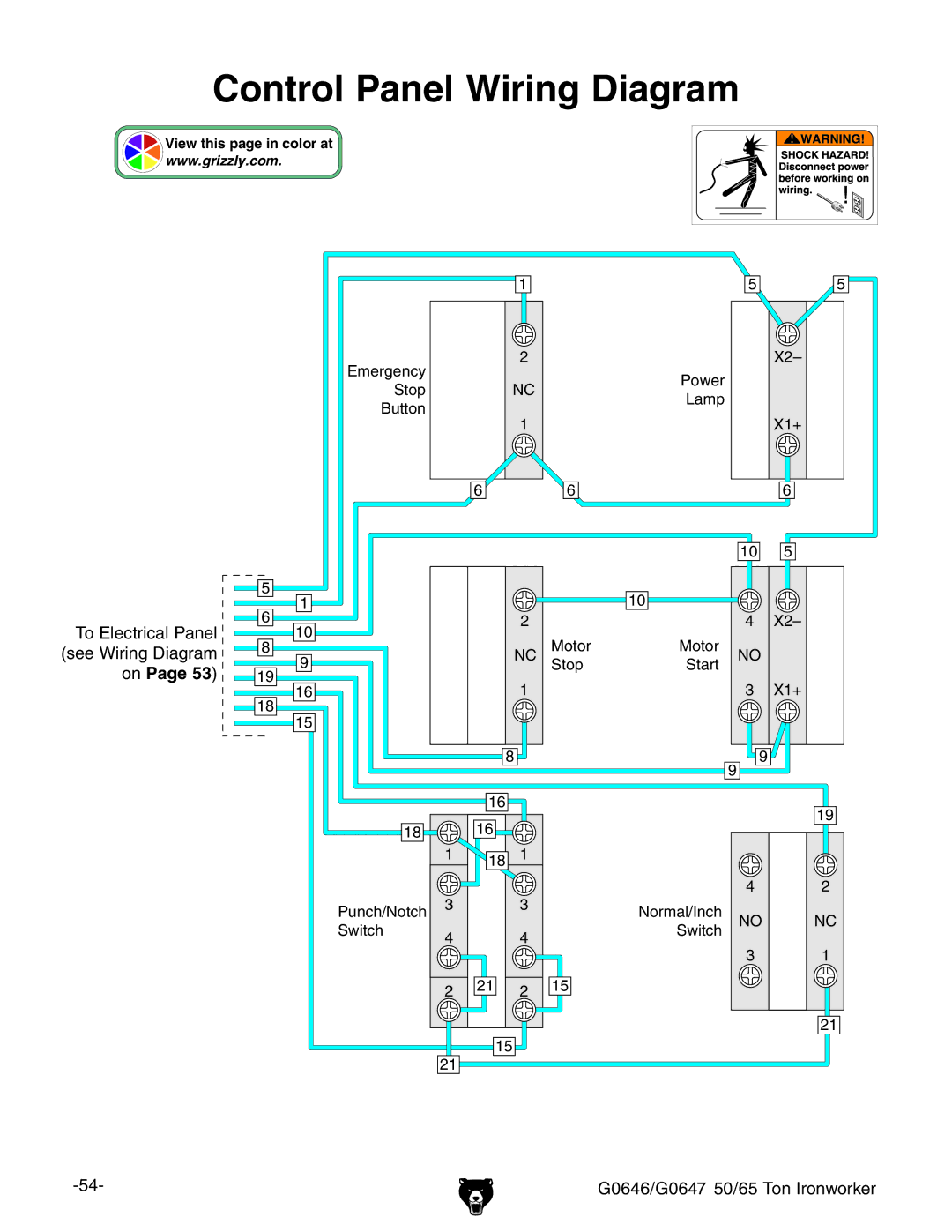 Grizzly G0647, G0646 owner manual Control Panel Wiring Diagram 