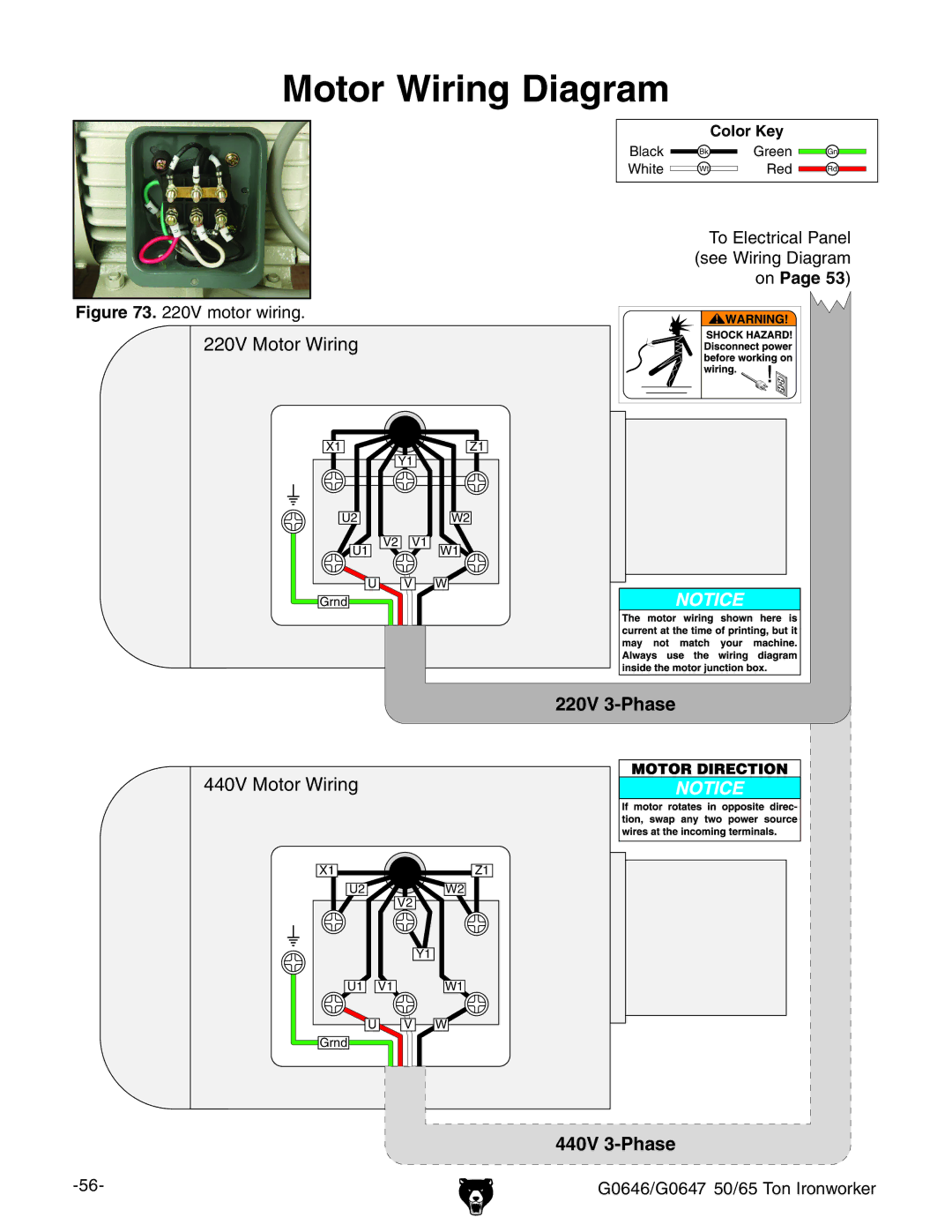 Grizzly owner manual Motor Wiring Diagram, Motor wiring G0646/G0647 50/65 Ton Ironworker 