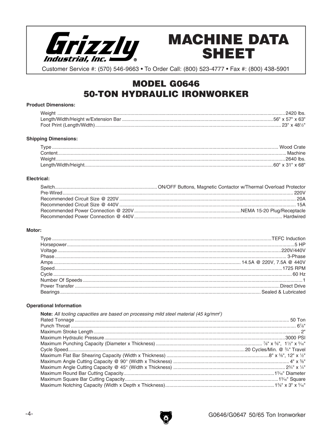 Grizzly G0647 owner manual G0646 Machine Data Sheet 