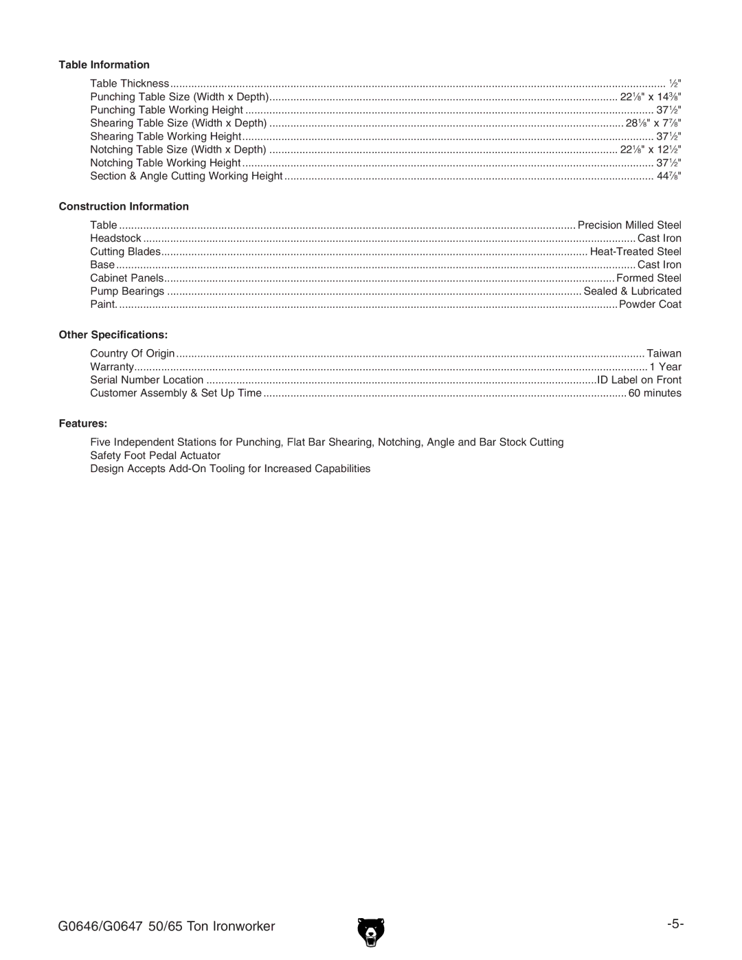 Grizzly owner manual G0646/G0647 50/65 Ton Ironworker 