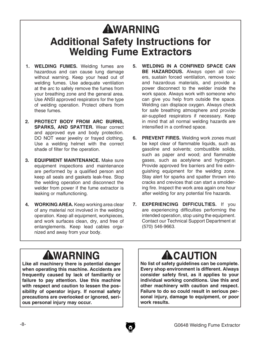 Grizzly G0648 owner manual Additional Safety Instructions for Welding Fume Extractors 