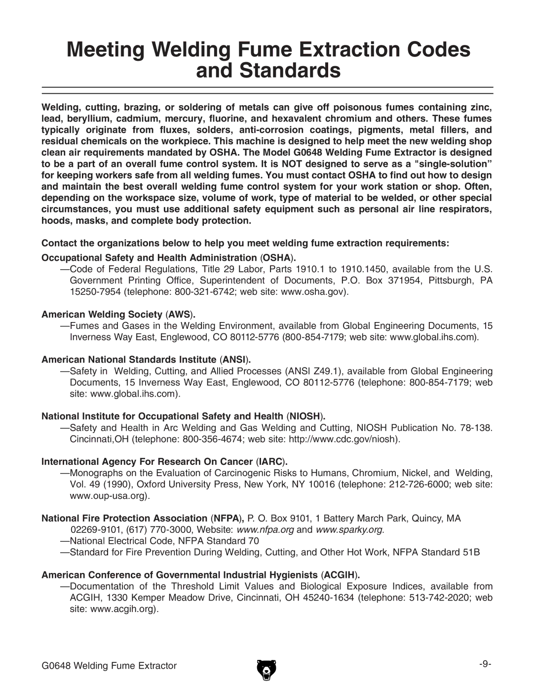 Grizzly G0648 owner manual Meeting Welding Fume Extraction Codes Standards 