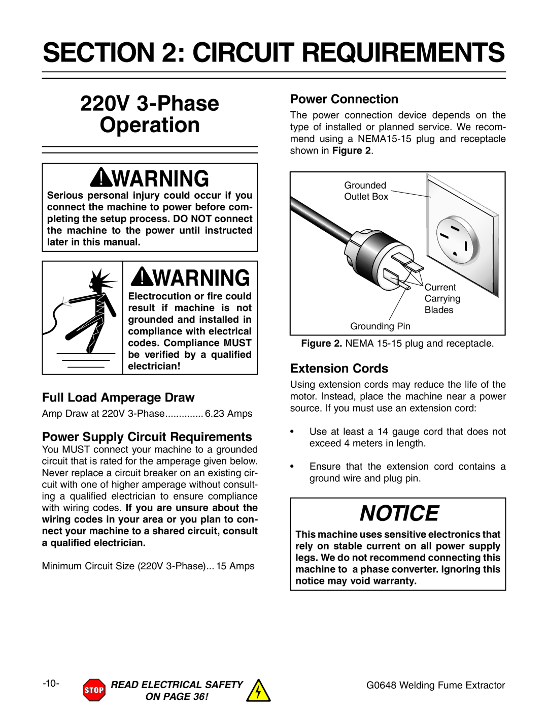 Grizzly G0648 owner manual Circuit Requirements, 220V 3-Phase Operation 