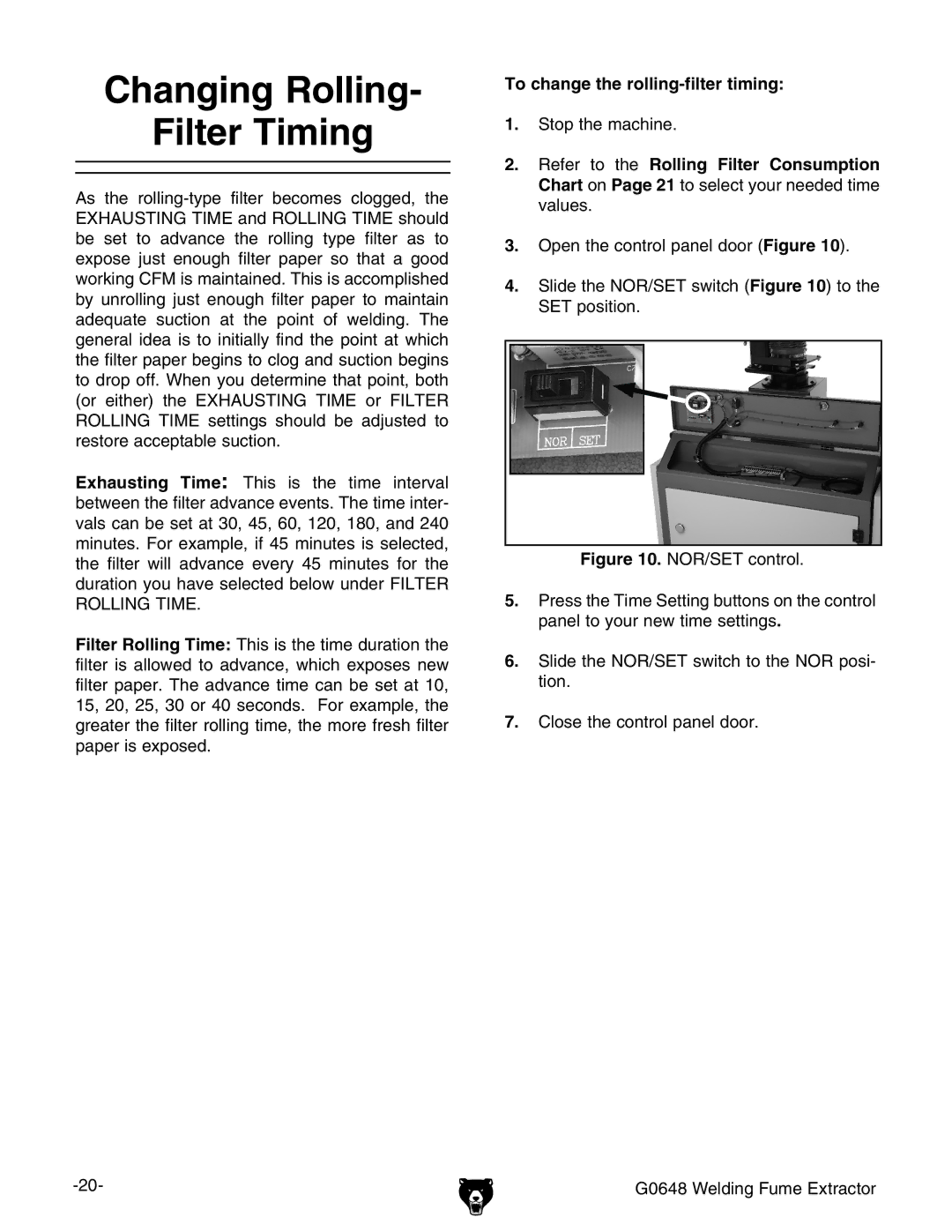 Grizzly G0648 owner manual Changing Rolling Filter Timing, To change the rolling-filter timing 