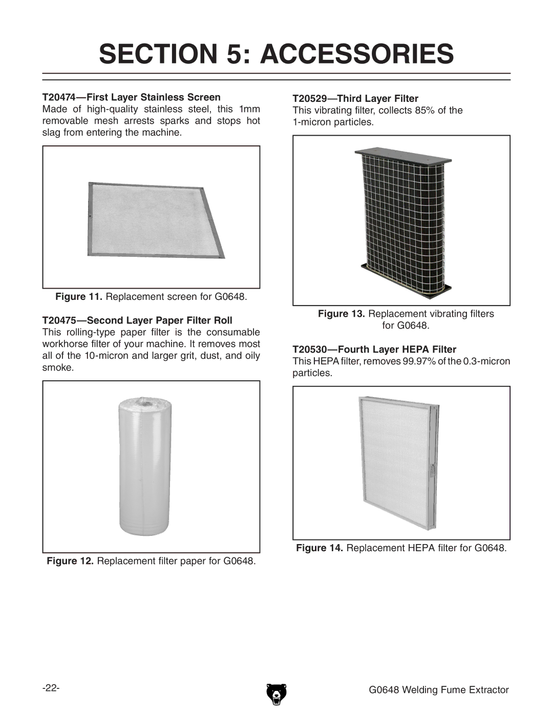 Grizzly G0648 owner manual Accessories, T20474-First Layer Stainless Screen, T20475-Second Layer Paper Filter Roll 