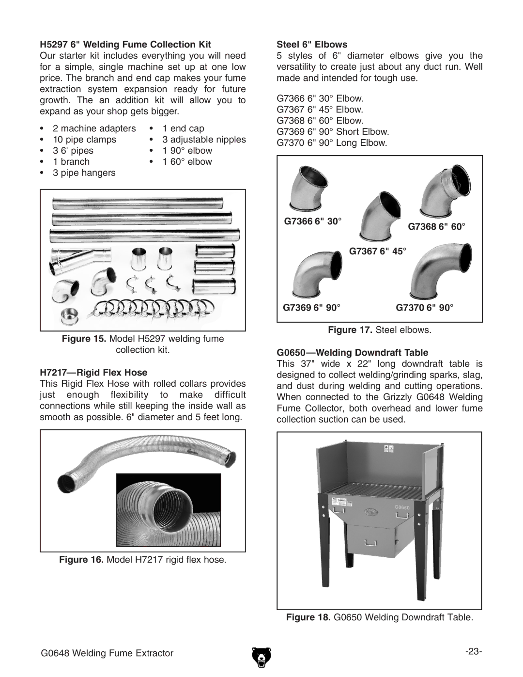 Grizzly G0648 H5297 6 Welding Fume Collection Kit, H7217-Rigid Flex Hose, Steel 6 Elbows, G0650-Welding Downdraft Table 