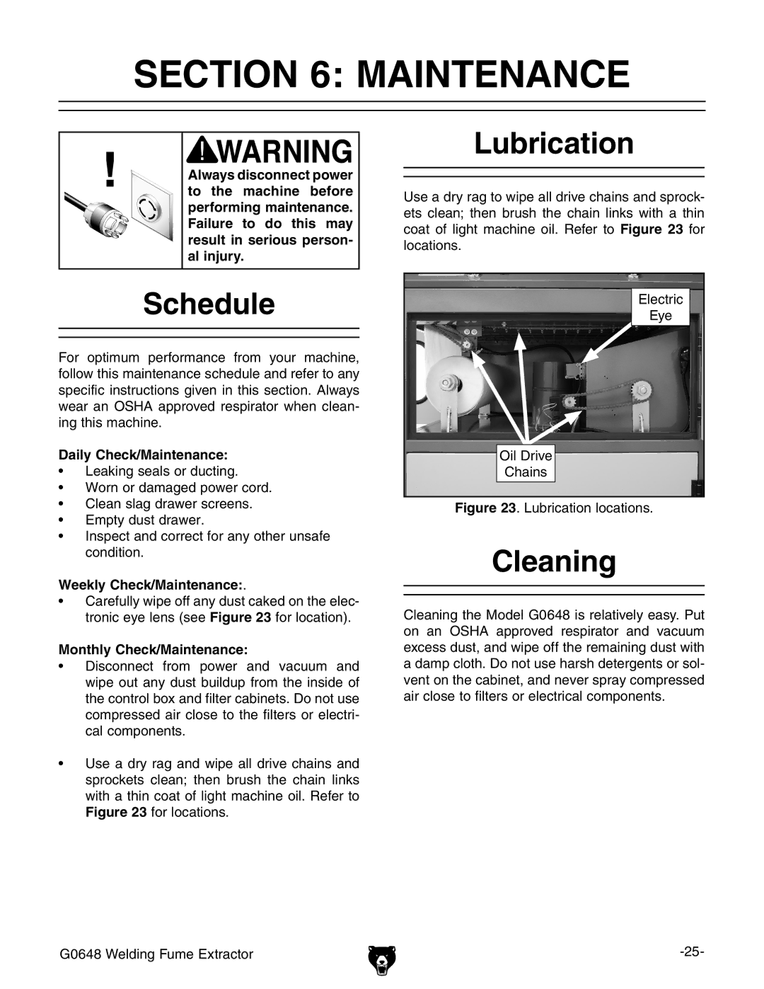 Grizzly G0648 owner manual Maintenance, Schedule, Lubrication, Cleaning 