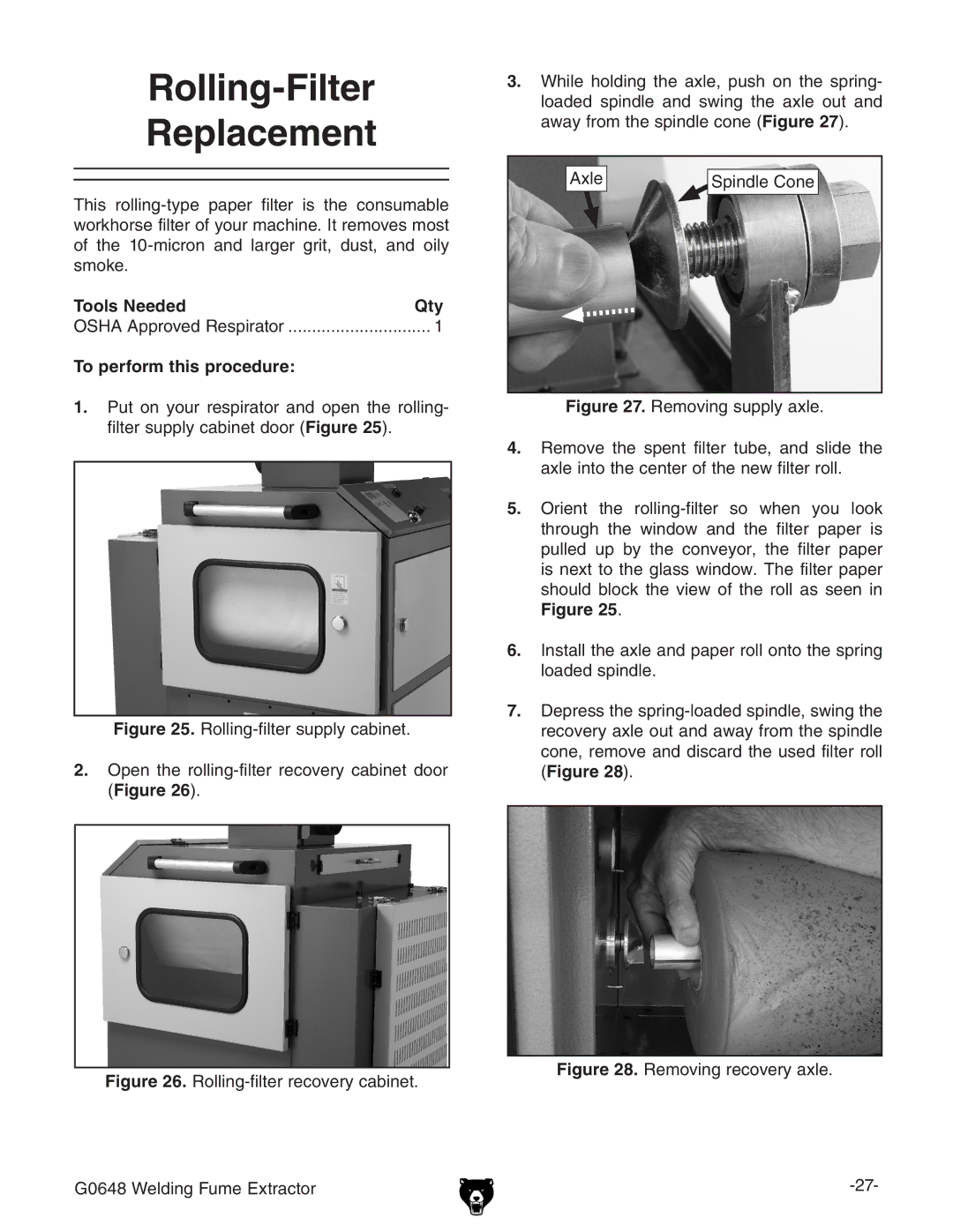 Grizzly G0648 owner manual Rolling-Filter Replacement, Removing recovery axle 