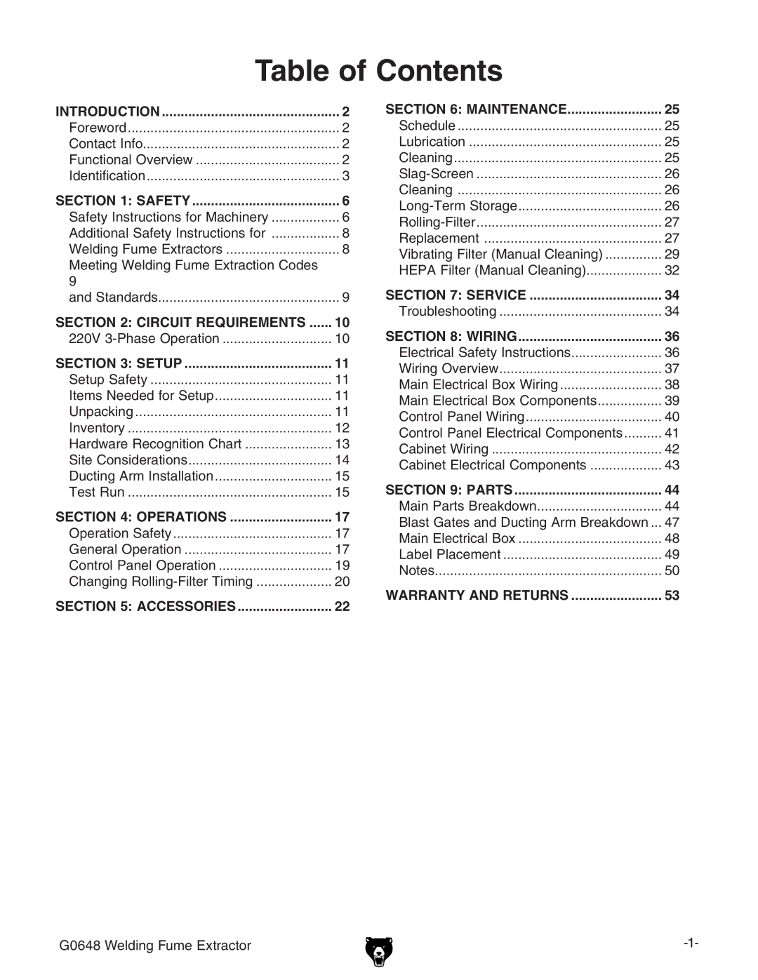 Grizzly G0648 owner manual Table of Contents 