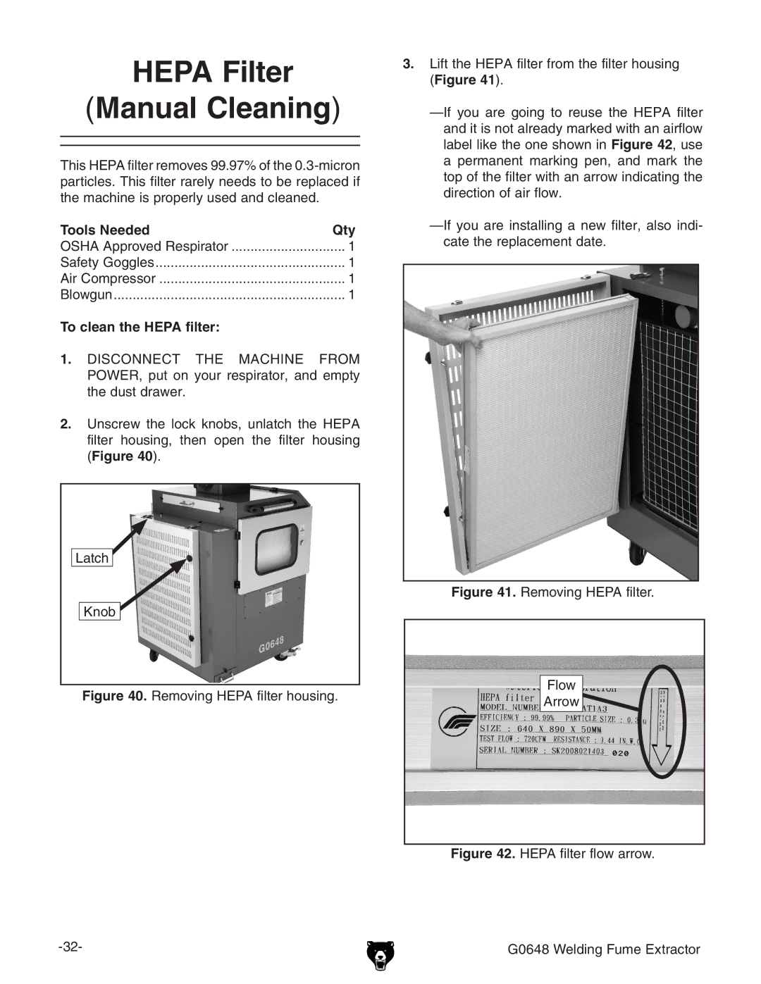 Grizzly G0648 owner manual Hepa Filter Manual Cleaning, To clean the Hepa filter 