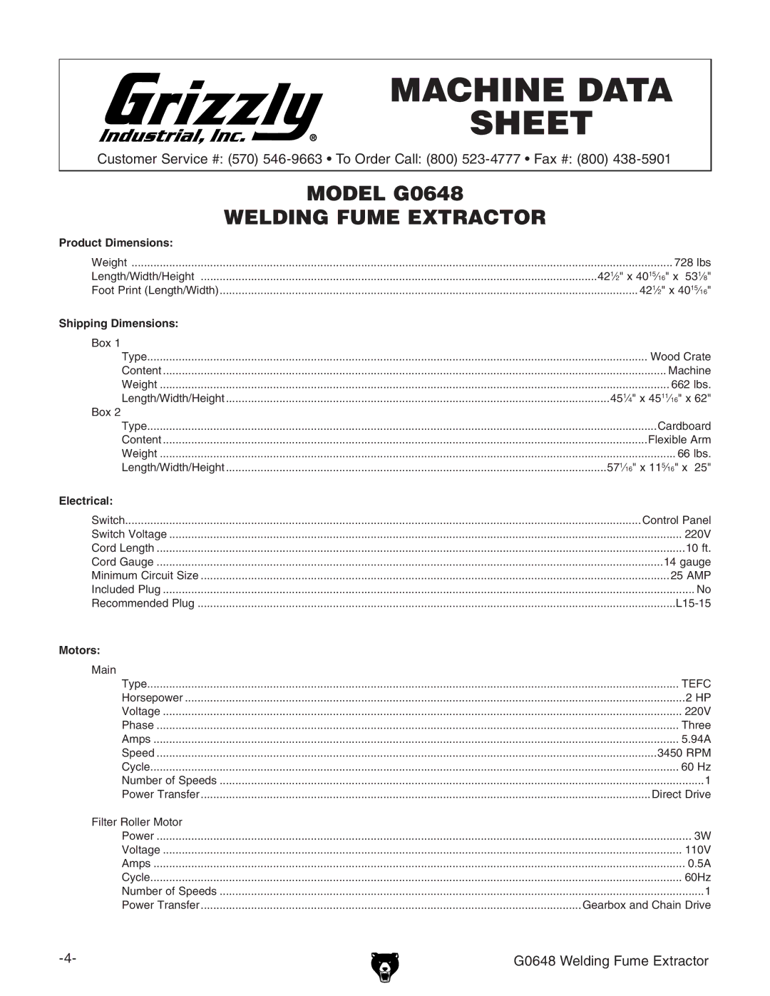 Grizzly G0648 owner manual Machine Data Sheet 