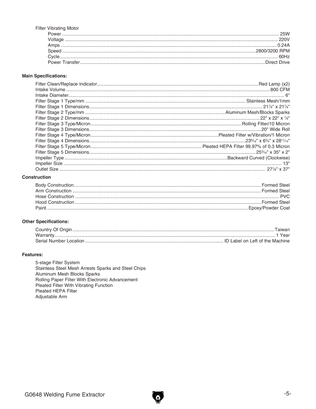 Grizzly G0648 owner manual Other Specifications 