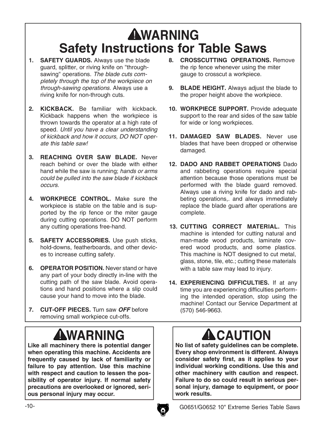 Grizzly G0651, G0652 owner manual Safety Instructions for Table Saws 