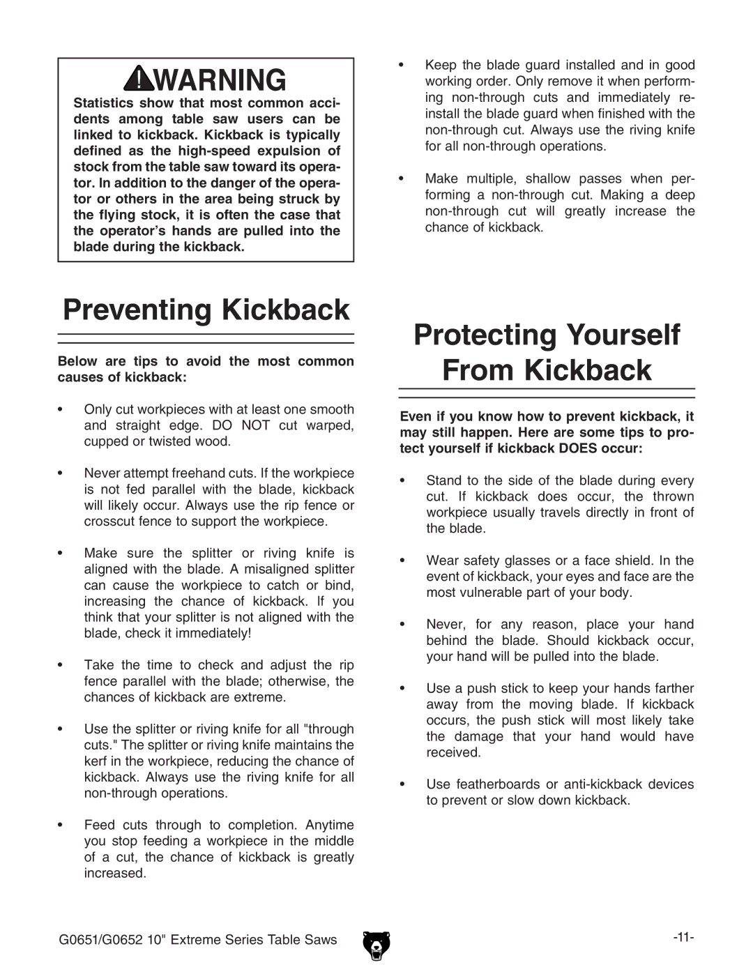 Grizzly G0652, G0651 owner manual Preventing Kickback, Protecting Yourself From Kickback 