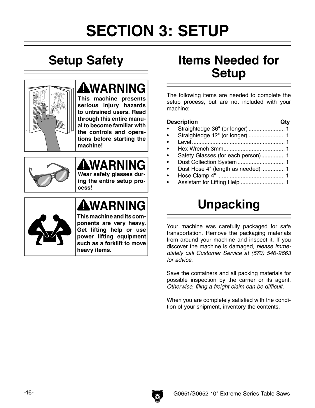 Grizzly G0651, G0652 owner manual Setup Safety, Items Needed for Setup, Unpacking, Description Qty 