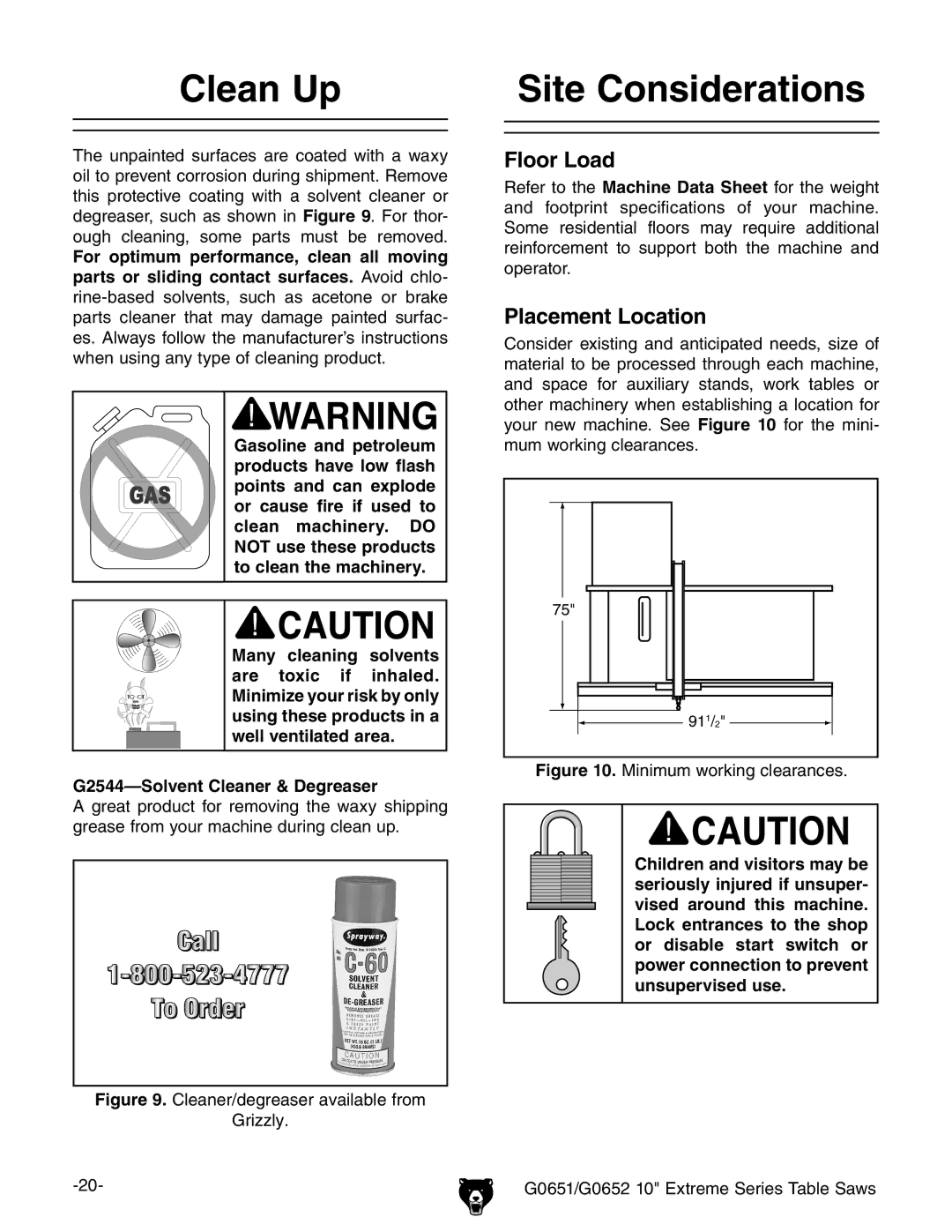 Grizzly G0651, G0652 owner manual Clean Up, Site Considerations, Floor Load, Placement Location 