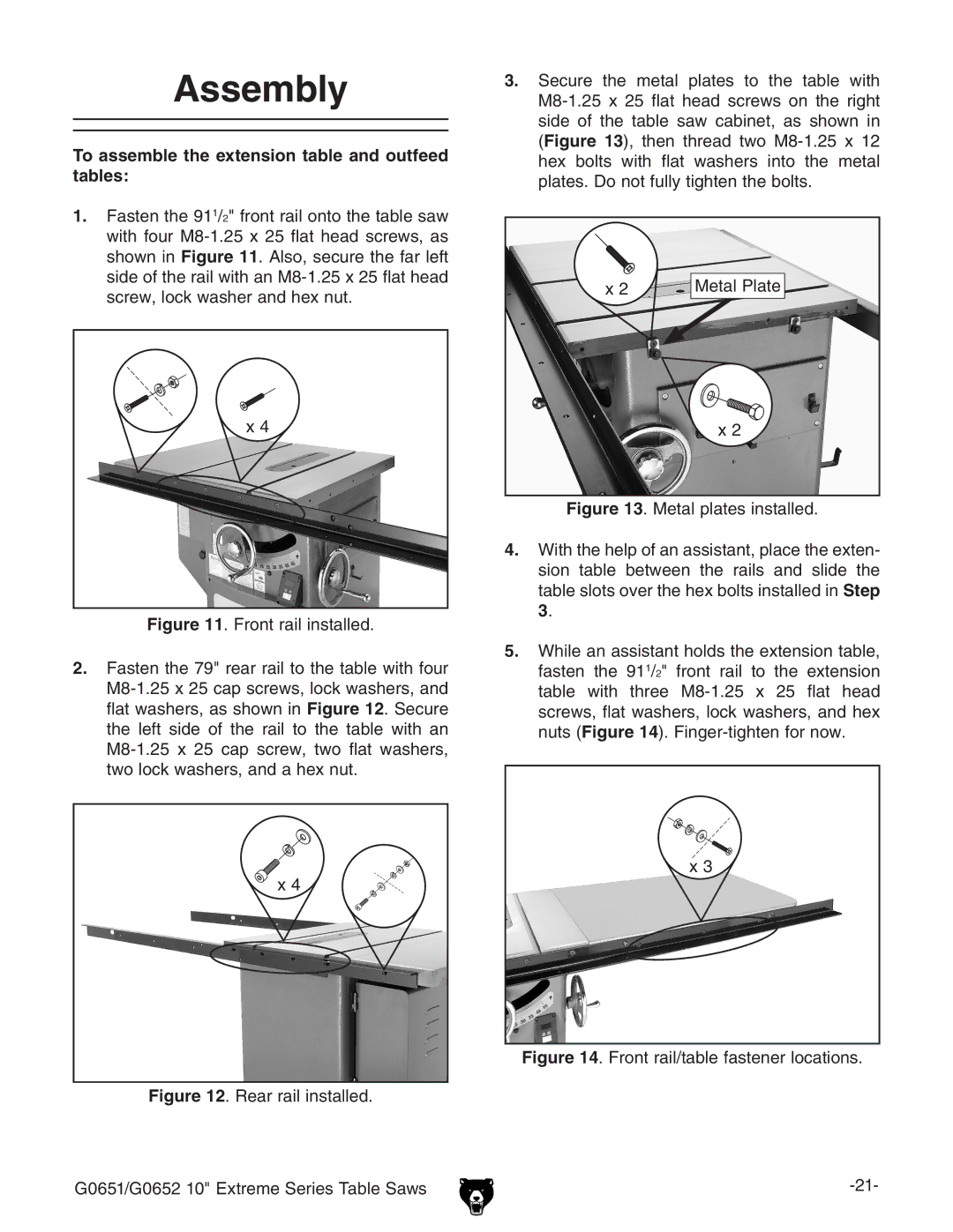 Grizzly G0652, G0651 owner manual Assembly, To assemble the extension table and outfeed tables 