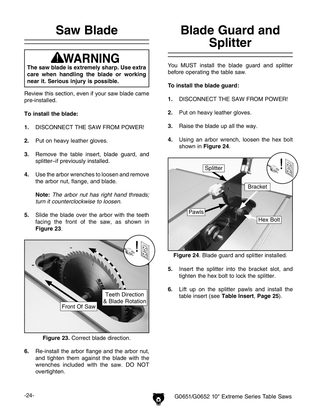 Grizzly G0651, G0652 owner manual Saw Blade, Blade Guard Splitter, To install the blade guard 