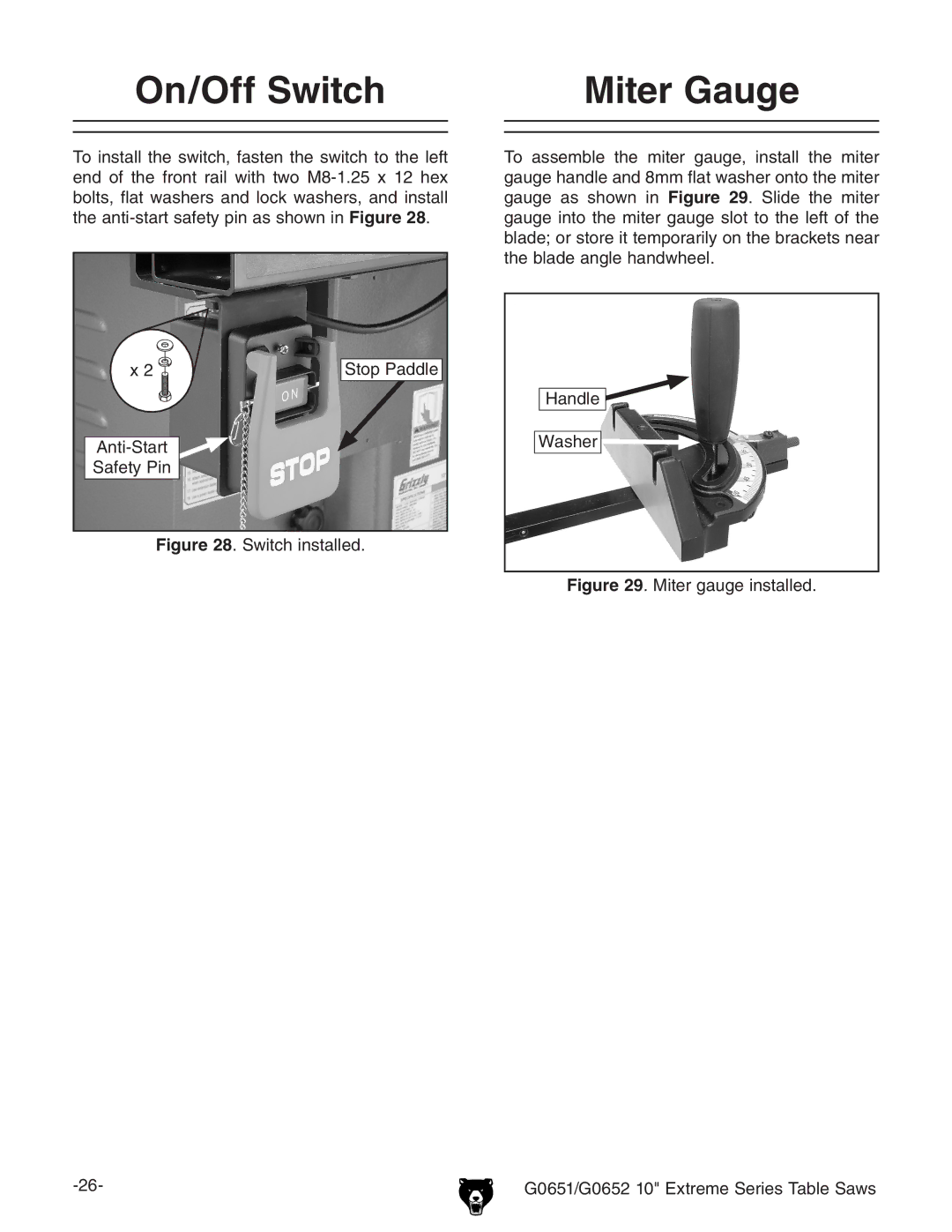 Grizzly G0651, G0652 owner manual On/Off Switch Miter Gauge 