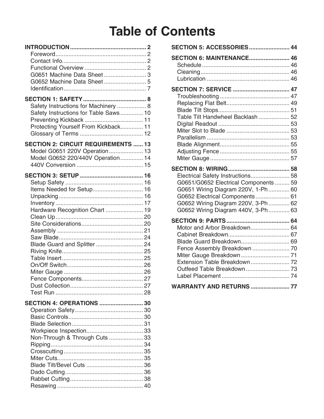 Grizzly G0652, G0651 owner manual Table of Contents 