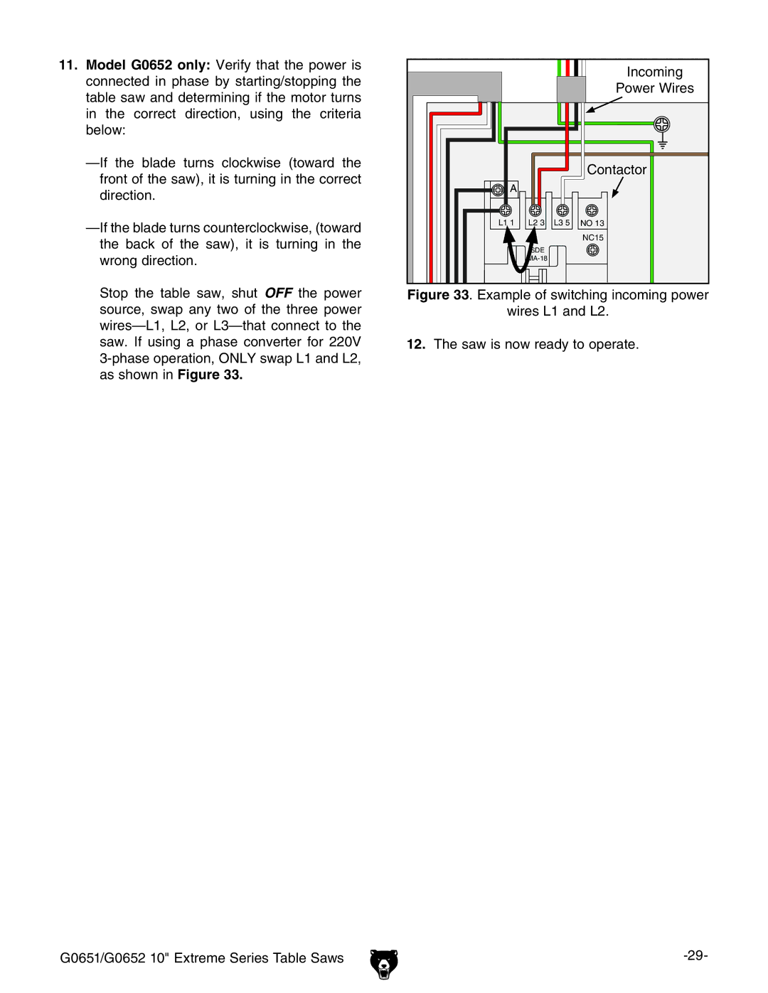 Grizzly G0652, G0651 owner manual Incoming Power Wires Contactor 