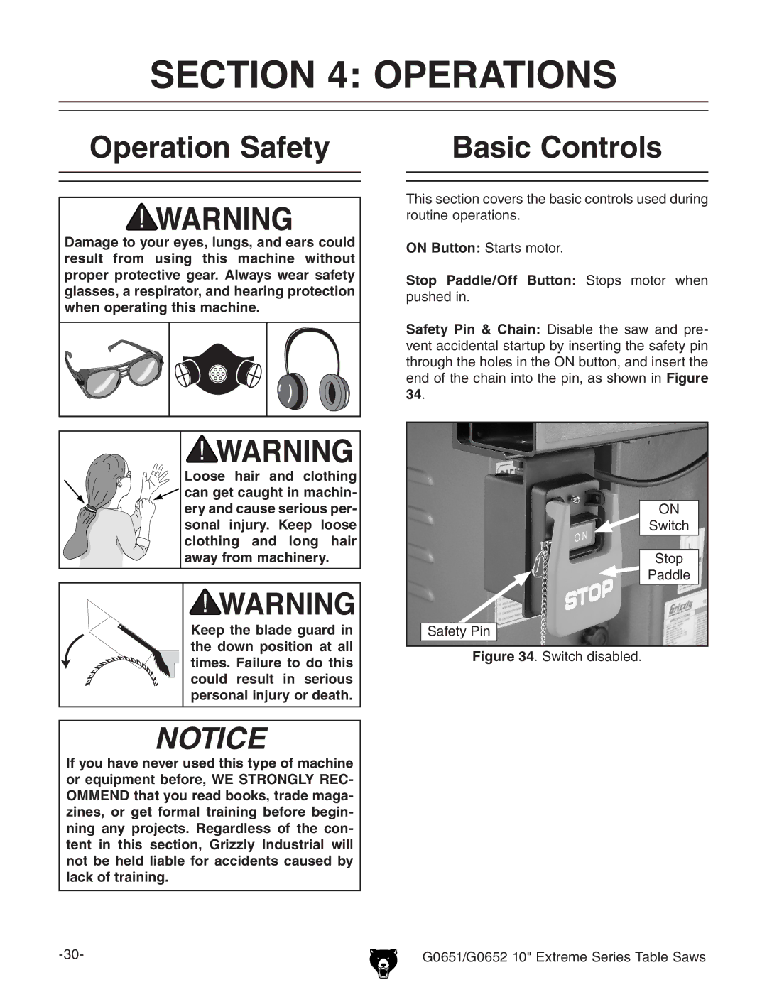 Grizzly G0651, G0652 owner manual Operations, Operation Safety Basic Controls 