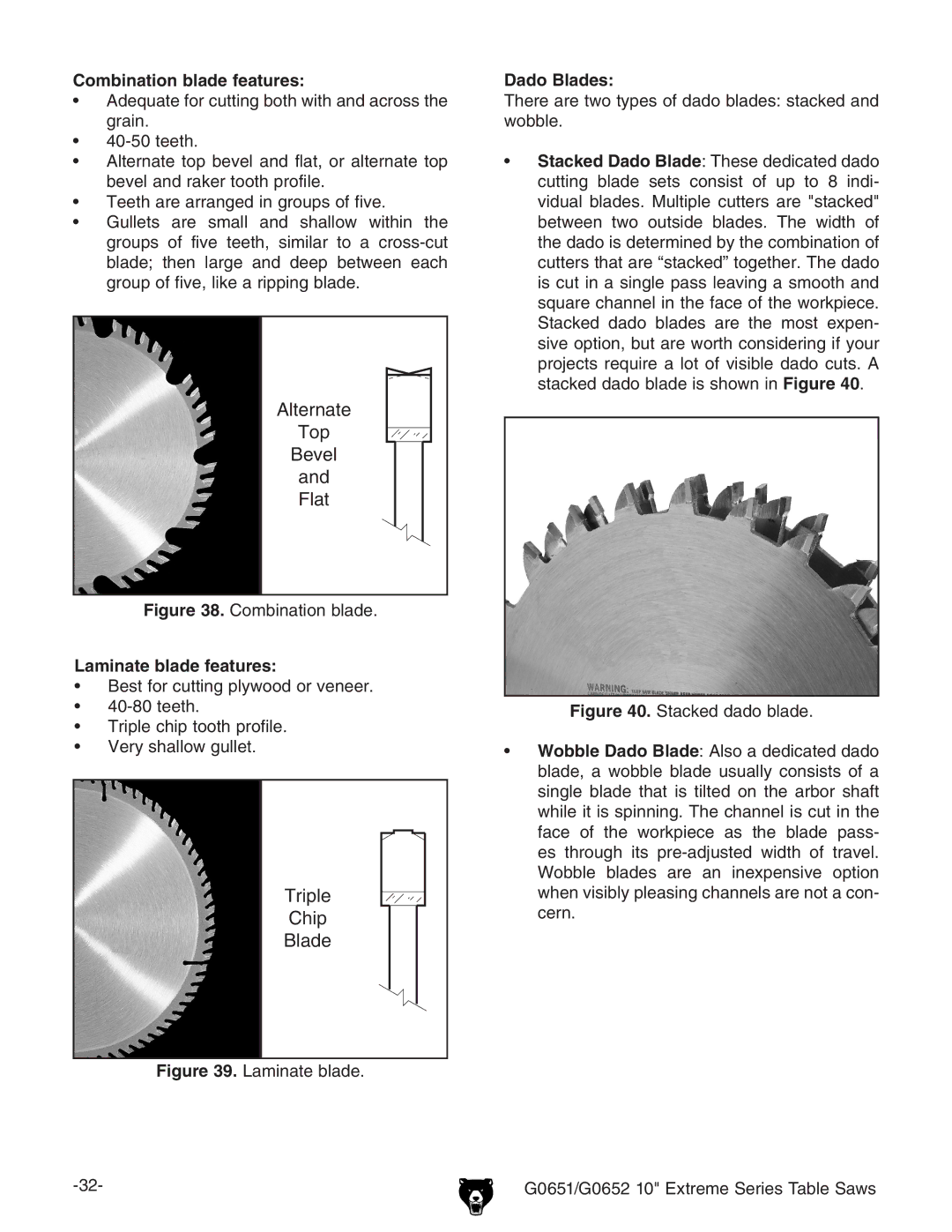 Grizzly G0651, G0652 owner manual Combination blade features, Dado Blades, Laminate blade features 