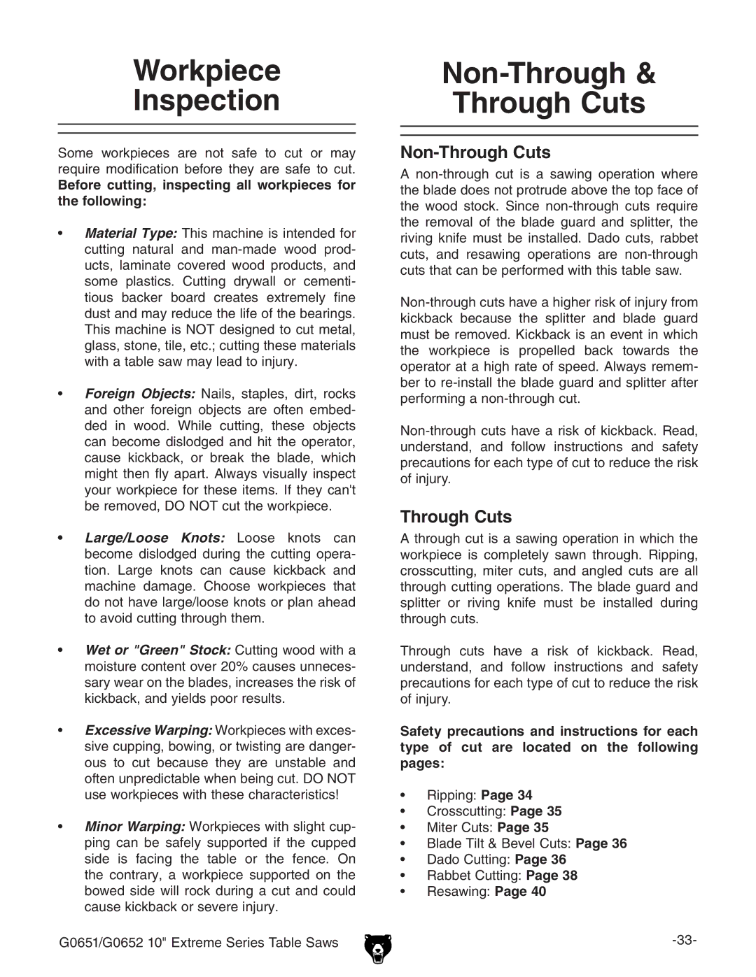 Grizzly G0652, G0651 owner manual Workpiece Inspection, Non-Through Through Cuts, Non-Through Cuts 