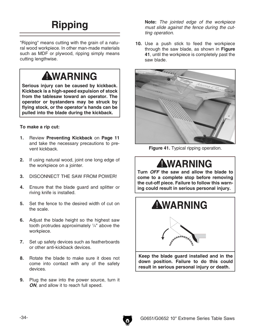 Grizzly G0651, G0652 owner manual Ripping, Typical ripping operation 