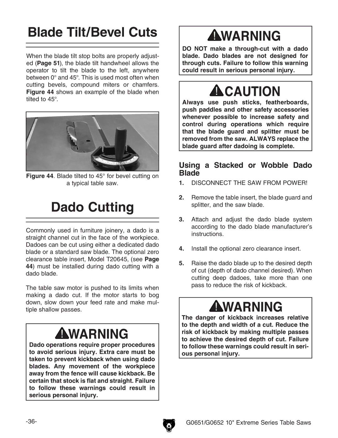 Grizzly G0651, G0652 owner manual Blade Tilt/Bevel Cuts, Dado Cutting, Using a Stacked or Wobble Dado Blade 