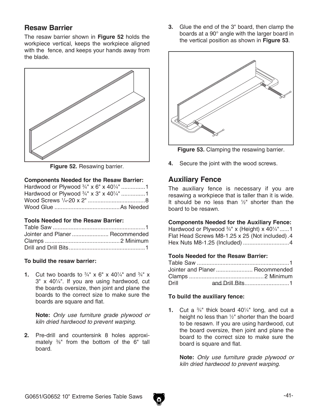 Grizzly G0652, G0651 owner manual Resaw Barrier, Auxiliary Fence 