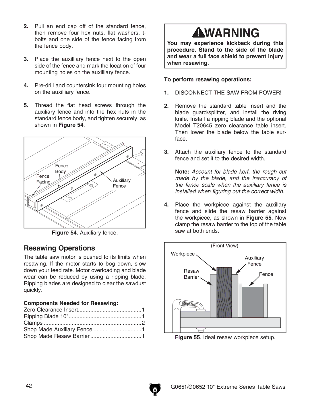 Grizzly G0651, G0652 owner manual Resawing Operations, Components Needed for Resawing 