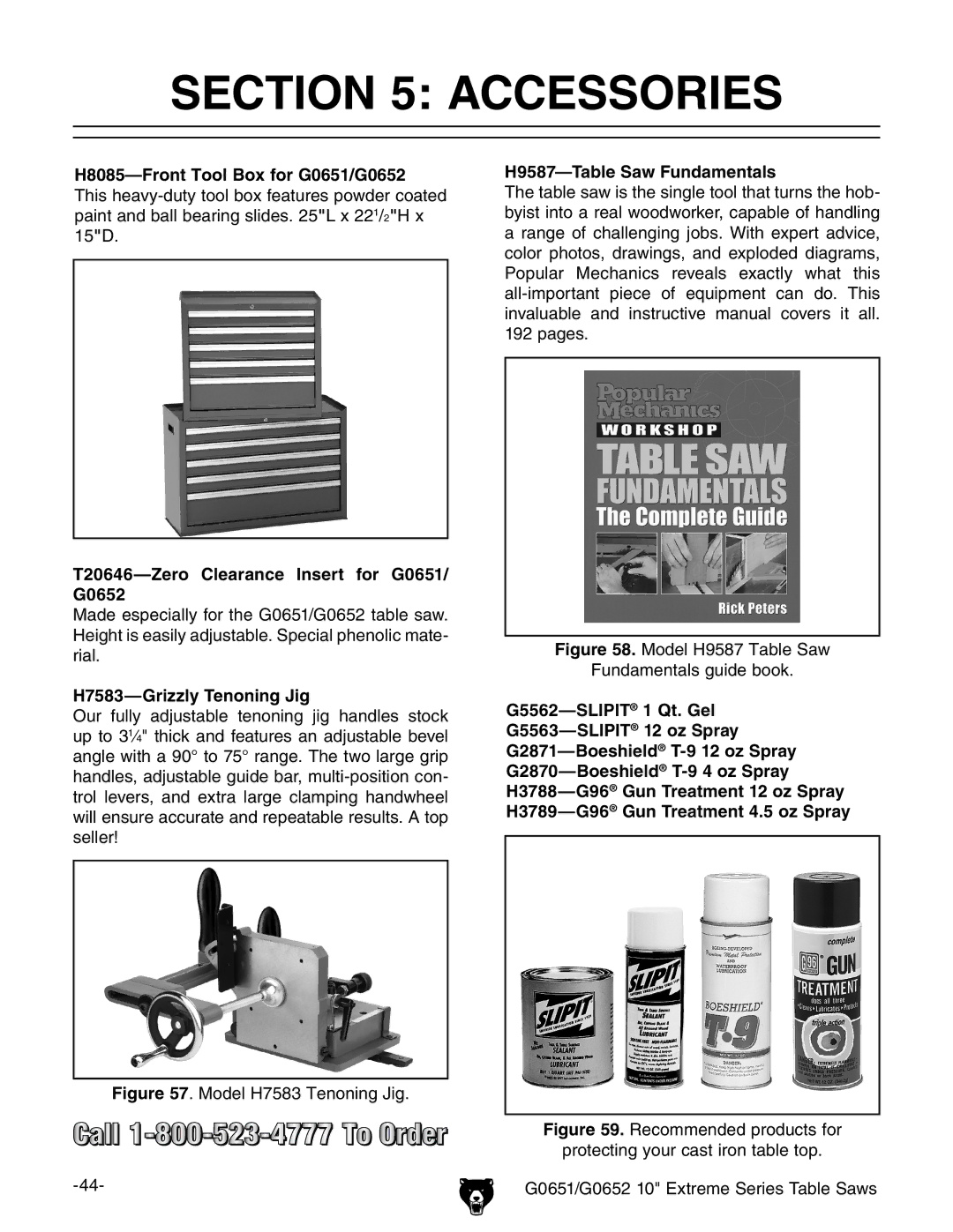 Grizzly owner manual Accessories, T20646-Zero Clearance Insert for G0651/ G0652, H7583-Grizzly Tenoning Jig 