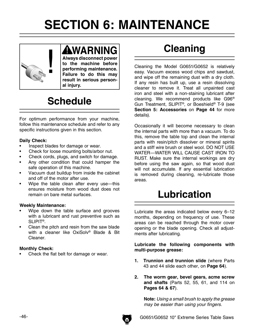 Grizzly G0651, G0652 owner manual Maintenance, Schedule, Cleaning, Lubrication 