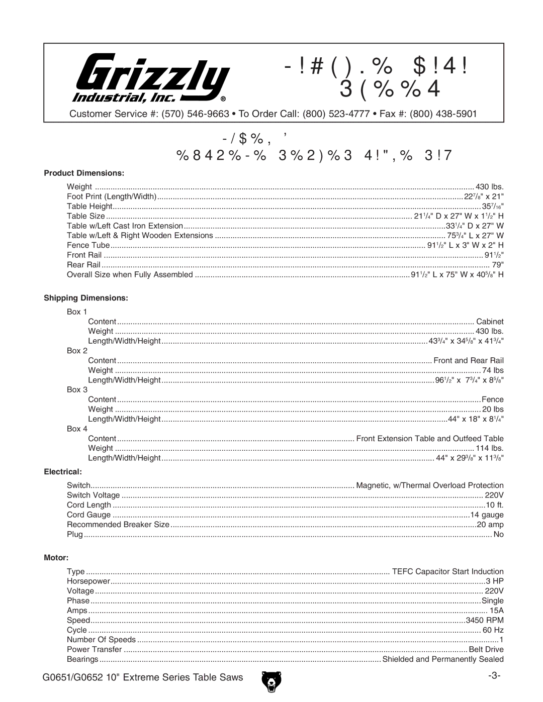 Grizzly G0652, G0651 owner manual #.% $!4 