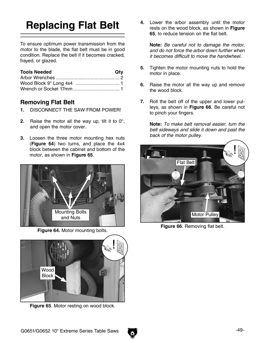 Grizzly G0652, G0651 owner manual Replacing Flat Belt, Removing Flat Belt, Tools Needed Qty 