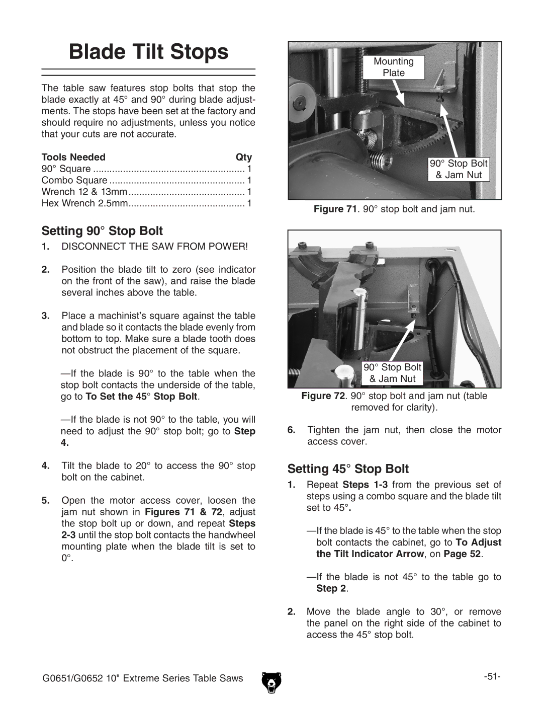 Grizzly G0652, G0651 owner manual Blade Tilt Stops, Setting 90 Stop Bolt, Setting 45 Stop Bolt, Step 