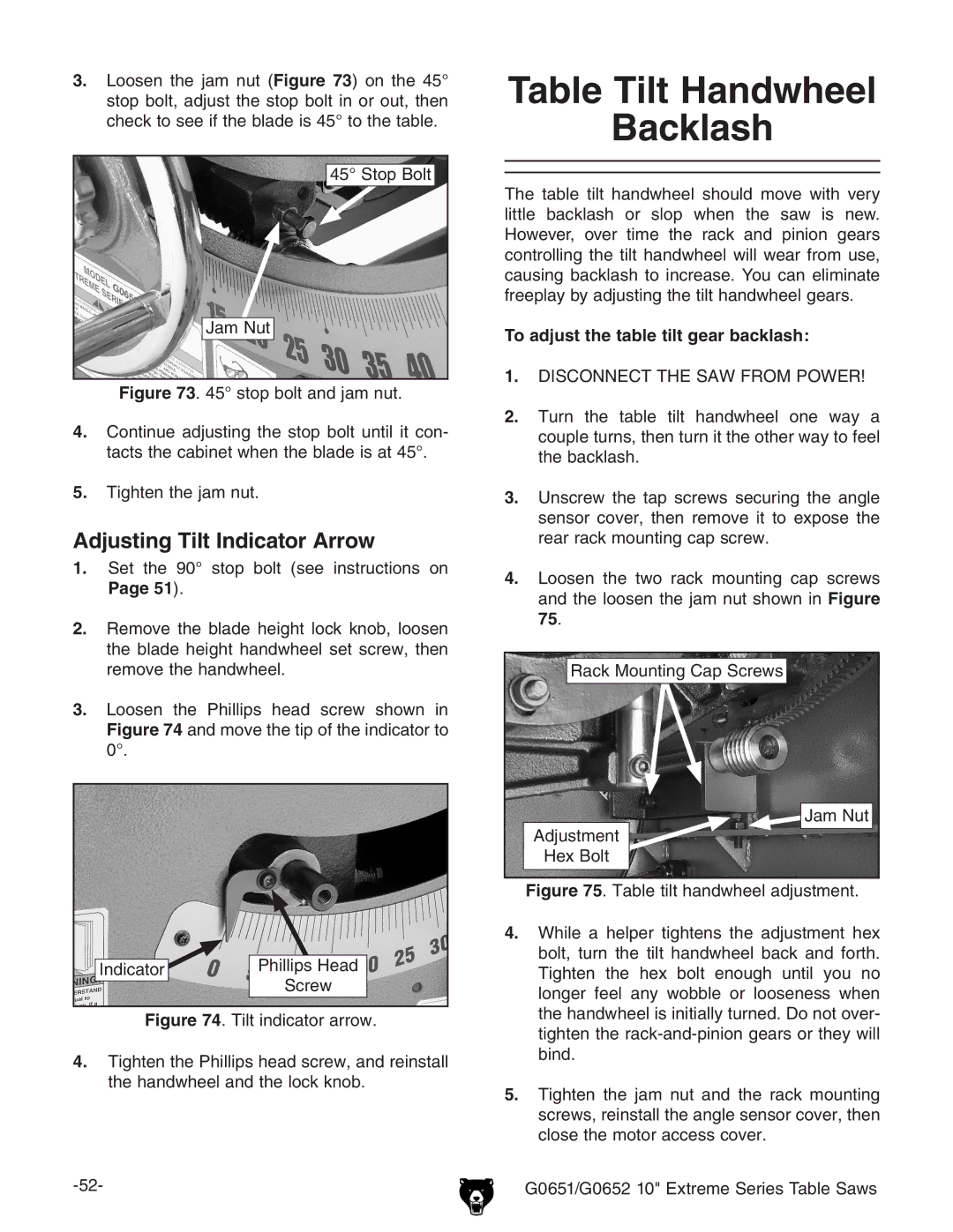 Grizzly G0651, G0652 Table Tilt Handwheel Backlash, Adjusting Tilt Indicator Arrow, To adjust the table tilt gear backlash 