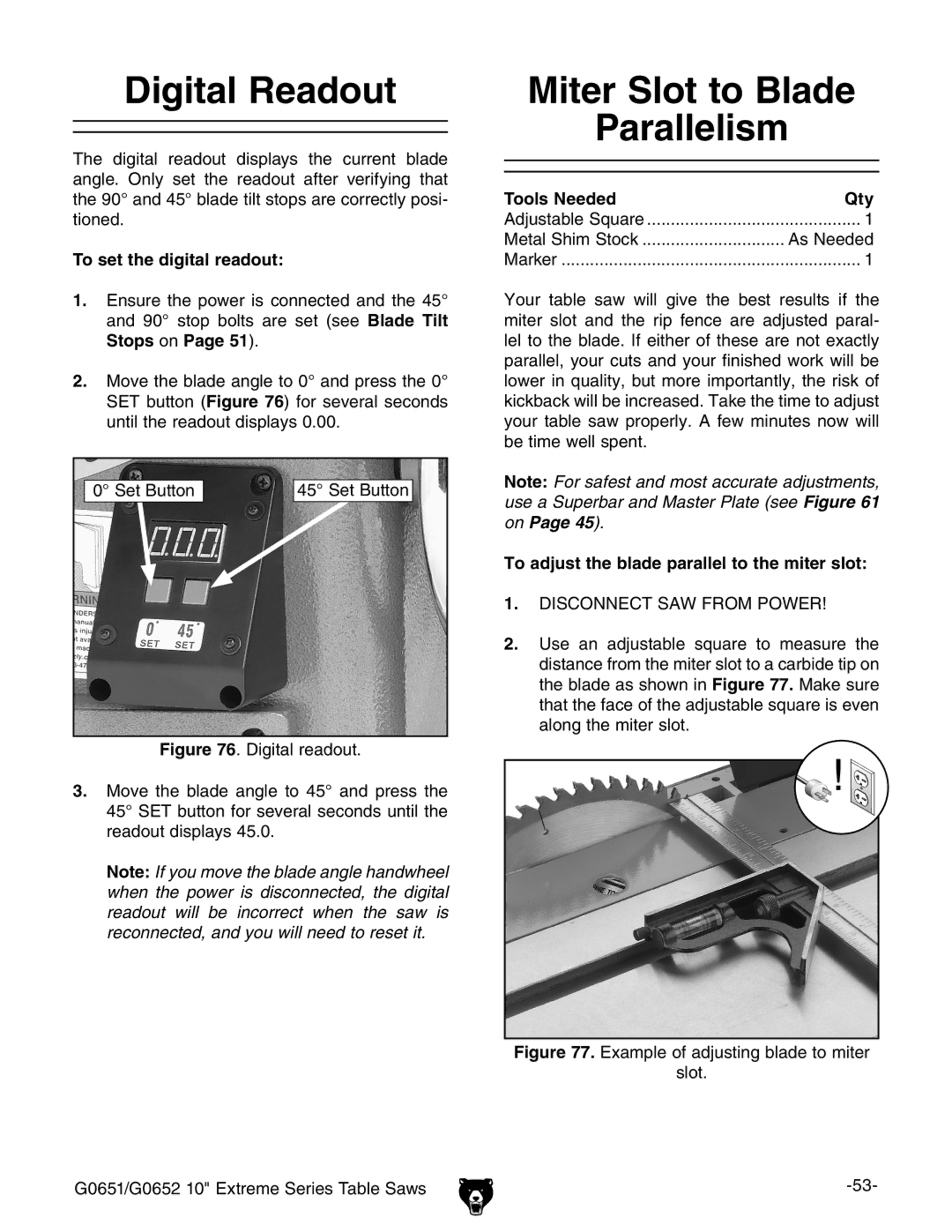 Grizzly G0652, G0651 owner manual Digital Readout, Miter Slot to Blade Parallelism, To set the digital readout 