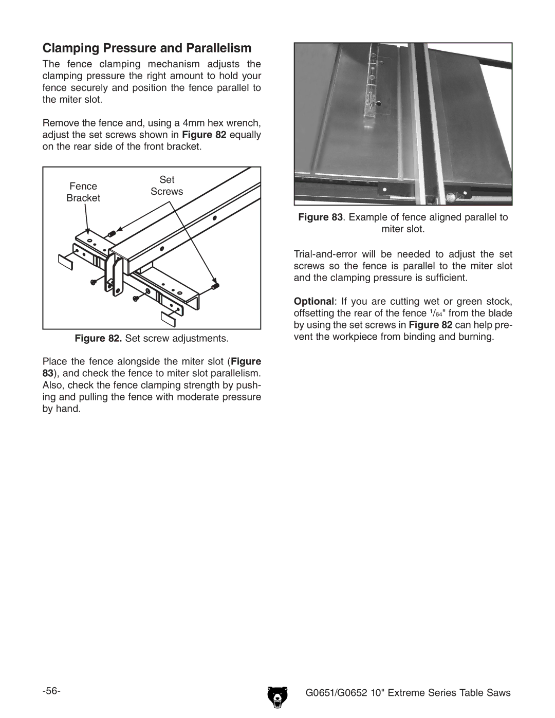 Grizzly G0651, G0652 owner manual Clamping Pressure and Parallelism 