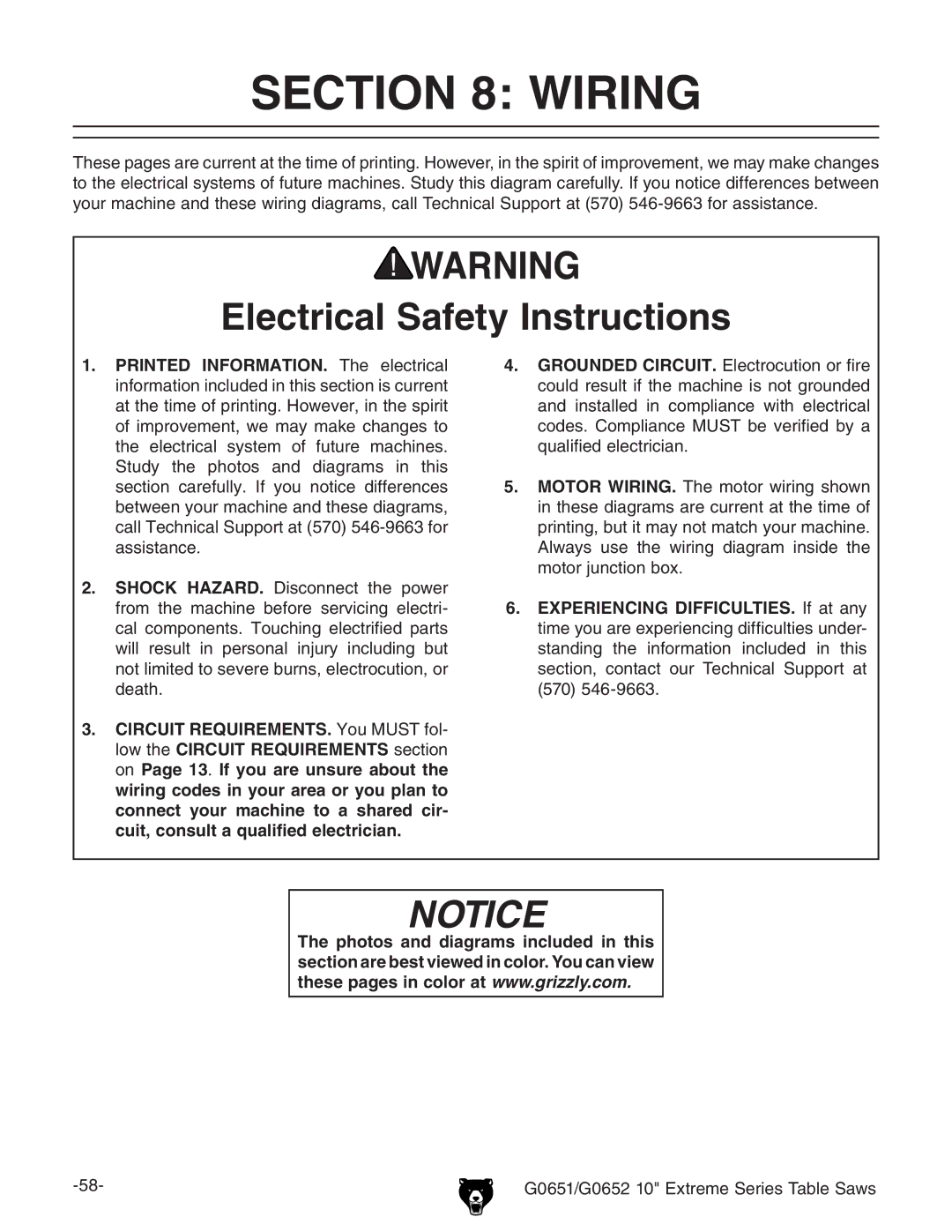 Grizzly G0651, G0652 owner manual Wiring, Electrical Safety Instructions 